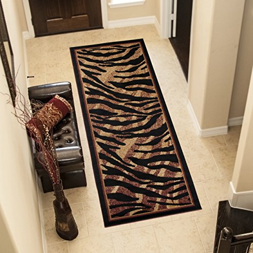 TAPISO Atlas Läufer Kurzflor Teppich Wohnzimmer Schwarz Beige Streifen Tiger Tierfell Muster Bordüre Schlafzimmer ÖKOTEX 100 x 300 cm von TAPISO