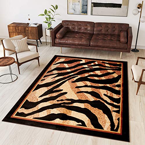 TAPISO Atlas Teppich Kurzflor Afrika Tiermotiv Tiger Beige Braun Schwarz Bordüre Wohnzimmer Schlafzimmer Modern Design ÖKOTEX 180 x 250 cm von TAPISO