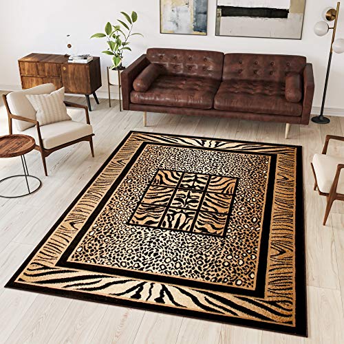 TAPISO Atlas Teppich Kurzflor Afrika Tiermuster Tiger Leopard Rahmen Braun Beige Schwarz Bordüre Wohnzimmer Schlafzimmer Modern Design ÖKOTEX 250 x 350 cm von TAPISO