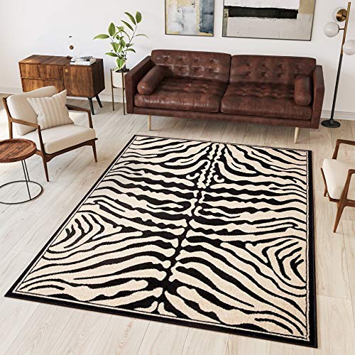TAPISO Atlas Teppich Kurzflor Afrika Tiermuster Zebra Schwarz Creme Wohnzimmer Schlafzimmer Vintage Modern Design ÖKOTEX 120 x 170 cm von TAPISO