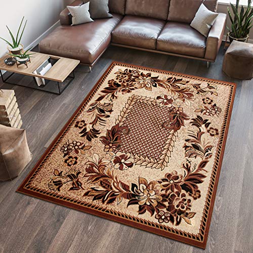 TAPISO Atlas Teppich Kurzflor Blumen Blätter Floral Bordüre Beige Braun Wohnzimmer Schlafzimmer Vintage Modern ÖKOTEX 130 x 190 cm von TAPISO