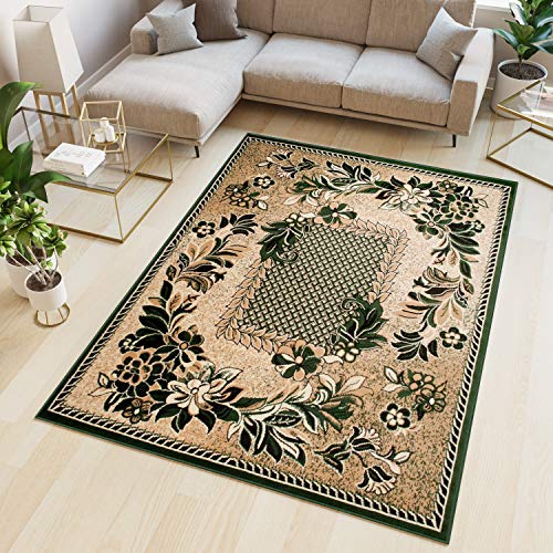 TAPISO Atlas Teppich Kurzflor Blumen Floral Bordüre Grün Beige Schlafzimmer Wohnzimmer Vintage Modern ÖKOTEX 160 x 220 cm von TAPISO