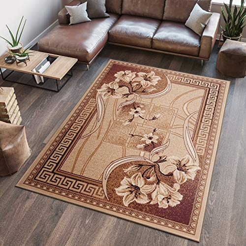 TAPISO Atlas Teppich Kurzflor Blumen Geometrisch Griechisch Streifen Muster Beige Braun Wohnzimmer Schlafzimmer Vintage Modern ÖKOTEX 70 x 130 cm von TAPISO