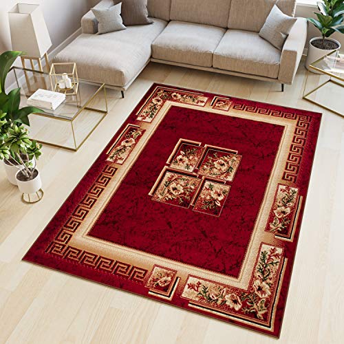 TAPISO Atlas Teppich Kurzflor Blumen Griechisch Floral Bordüre Meliert Rot Beige Vintage Modern ÖKOTEX 150 x 300 cm von TAPISO