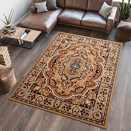 TAPISO Atlas Teppich Kurzflor Braun Beige Traditionell Oriental Ornament Mäander Floral Bordüre Wohnzimmer Schlafzimmer Klassisch ÖKOTEX 60 x 100 cm von TAPISO