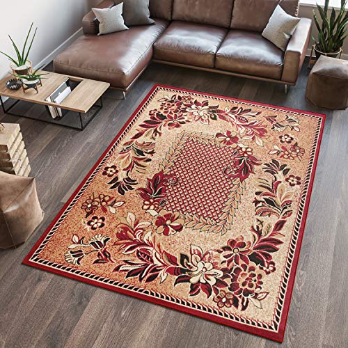 TAPISO Atlas Teppich Kurzflor Floral Blumen Beige Rot Creme Meliert Bordüre Schlafzimmer Wohnzimmer Vintage Modern ÖKOTEX 100 x 200 cm von TAPISO