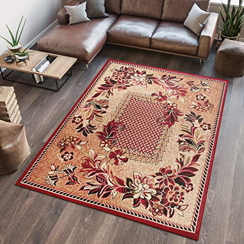 TAPISO Atlas Teppich Kurzflor Floral Blumen Beige Rot Creme Meliert Bordüre Schlafzimmer Wohnzimmer Vintage Modern ÖKOTEX 160 x 230 cm von TAPISO