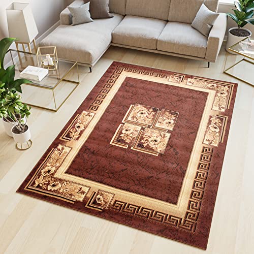 TAPISO Atlas Teppich Kurzflor Griechisch Vierecke Blumen Floral Bordüre Braun Beige Wohnzimmer Schlafzimmer Vintage Modern ÖKOTEX 300 x 400 cm von TAPISO