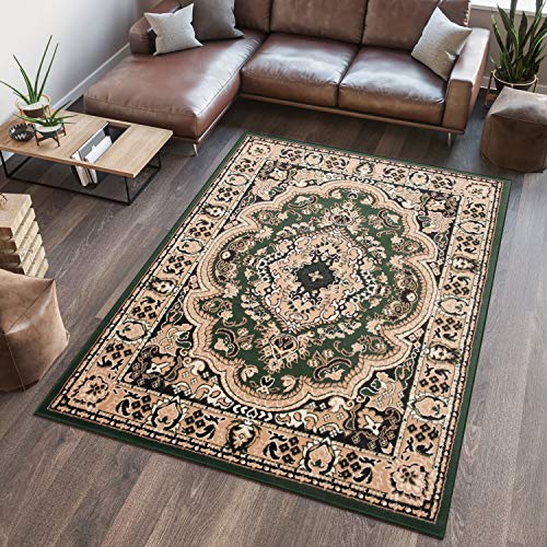 TAPISO Atlas Teppich Kurzflor Grün Beige Oriental Ornament Floral Mäander Bordüre Wohnzimmer Schlafzimmer Vintage Design ÖKOTEX 150 x 300 cm von TAPISO