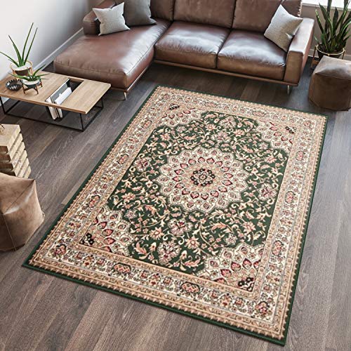 TAPISO Atlas Teppich Kurzflor Grün Beige Rot Klassischer Orientteppich Ornament Floral Mäander Vintage Wohnzimmer Schlafzimmer ÖKOTEX 60 x 100 cm von TAPISO