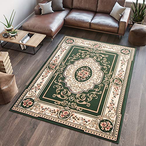 TAPISO Atlas Teppich Kurzflor Grün Creme Rot Klassisch Ornament Floral Mäander Traditionell Orientteppich Wohnzimmer Schlafzimmer ÖKOTEX 220 x 300 cm von TAPISO
