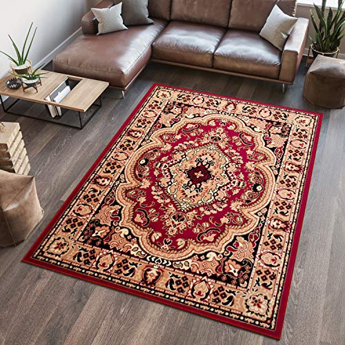 TAPISO Atlas Teppich Kurzflor Rot Beige Traditionell Orientalisch Ornament Klassisch Orient Floral Design Wohnzimmer Schlafzimmer ÖKOTEX 160 x 220 cm von TAPISO