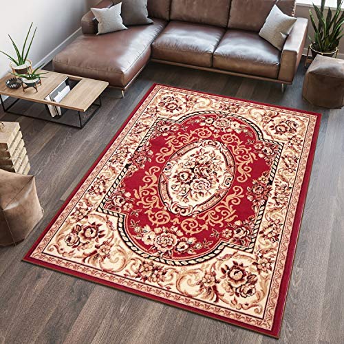 TAPISO Atlas Teppich Kurzflor Rot Creme Beige Traditionell Orientalisch Mäander Orient Design Floral Muster Wohnzimmer Schlafzimmer ÖKOTEX 80 x 150 cm von TAPISO