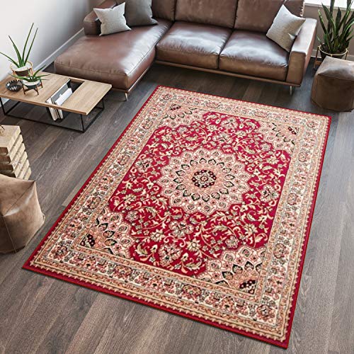 TAPISO Atlas Teppich Kurzflor Rot Creme Grün Klassisch Orientteppich Floral Mäander Orient Design Wohnzimmer Schlafzimmer ÖKOTEX 100 x 200 cm von TAPISO