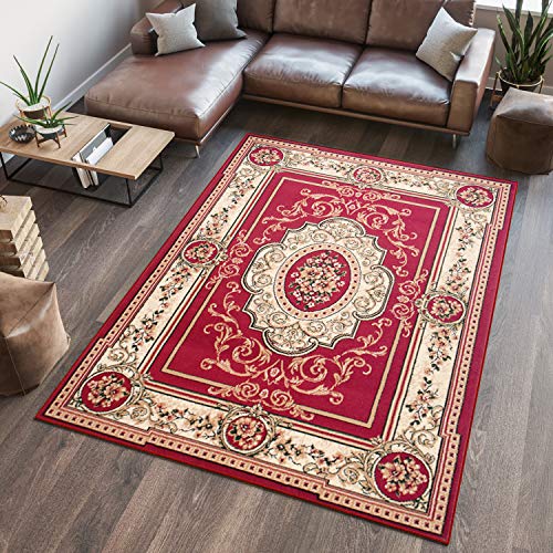 TAPISO Atlas Teppich Kurzflor Rot Creme Klassisch Orientteppich Mäander Orient Floral Design Wohnzimmer Schlafzimmer Vintage ÖKOTEX 70 x 130 cm von TAPISO