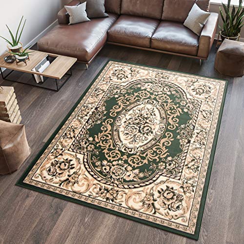 TAPISO Atlas Teppich Grün Beige Kurzflor Traditionell Orient Ornament Mäander Floral Design Bordüre Wohnzimmer Schlafzimmer ÖKOTEX 160 x 230 cm von TAPISO