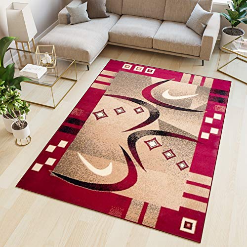 TAPISO Atlas Teppich Kurzflor Vierecke Streifen Bumerang Rot Beige Schwarz Bordüre Schlafzimmmer Wohnzimmer Vintage Modern ÖKOTEX 250 x 300 cm von TAPISO
