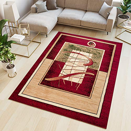 TAPISO Atlas Teppich Kurzflor Vierecke Streifen Rot Beige Creme Grün Bordüre Wohnzimmer Schlafzimmer Vintage Modern ÖKOTEX 300 x 400 cm von TAPISO