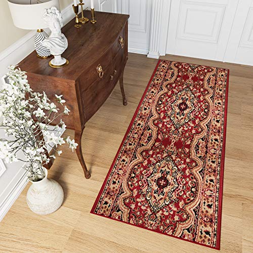 TAPISO Atlas Teppich Läufer Meterware Brücke Flur Kurzflor Küche Wohnzimmer Klassisch Floral Streifen Rot Beige Schlafzimmer ÖKOTEX 140 x 300 cm von TAPISO