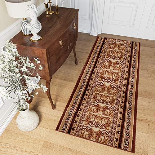 TAPISO Atlas Teppich Läufer Meterware Flur Kurzflor Brücke Küche Wohnzimmer Klassisch Blumen Floral Streifen Braun Beige ÖKOTEX 100 x 350 cm von TAPISO