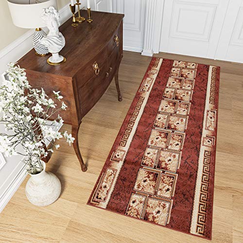 TAPISO Atlas Teppich Läufer Meterware Flur Kurzflor Küche Wohnzimmer Floral Blumen Griechisch Braun Beige Schlafzimmer ÖKOTEX 80 x 220 cm von TAPISO