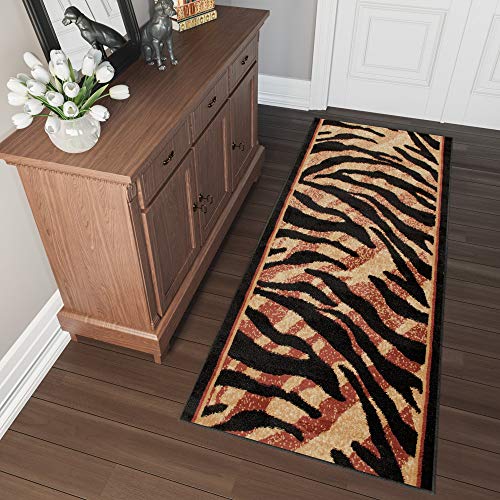TAPISO Atlas Teppich Läufer Meterware Flur Kurzflor Küche Wohnzimmer Streifen Linien Tiermotiv Tiger Schwarz Braun Gold Meliert ÖKOTEX 70 x 200 cm von TAPISO