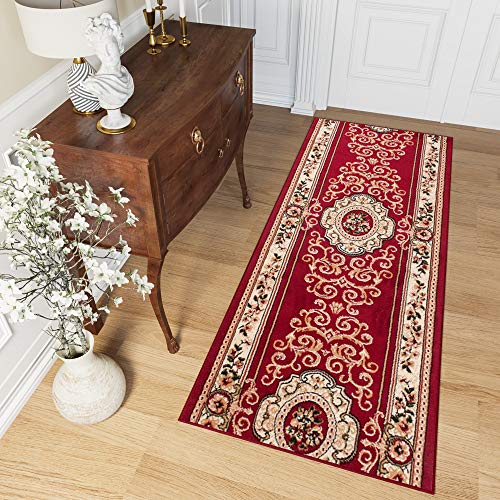 TAPISO Atlas Teppich Läufer Meterware Flur Kurzflor Wohnzimmer Küche Brücke Klassisch Blumen Rot Beige Schlafzimmer Korridor ÖKOTEX 100 x 170 cm von TAPISO