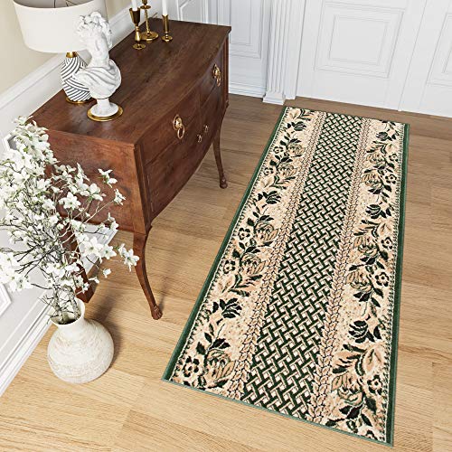 TAPISO Atlas Teppich Läufer Meterware Flur Kurzflor Wohnzimmer Küche Karo Streifen Floral Blumen Grün Creme Meliert ÖKOTEX 100 x 390 cm von TAPISO