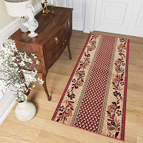 TAPISO Atlas Teppich Läufer Meterware Flur Kurzflor Wohnzimmer Küche Karo Streifen Floral Blumen Rot Creme Meliert Schlafzimmer ÖKOTEX 70 x 550 cm von TAPISO