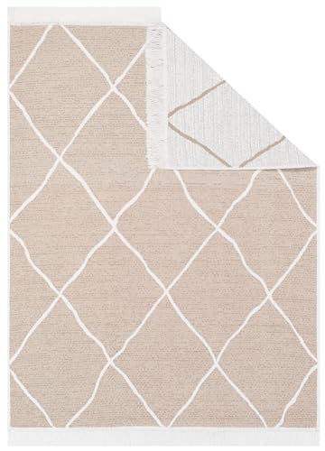 TAPISO Azteca Teppich Kurzflor mit Fransen Baumwolle Waschbar Beidseitig Anwendbar Beige Creme Gittermuster Wohnzimmer Schlafzimmer Küche ÖKOTEX 80 x 150 cm von TAPISO