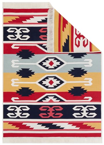 TAPISO Azteca Teppich Kurzflor mit Fransen Baumwolle Beidseitig Anwendbar Waschmaschinenfest Schwarz Rot Bunt Vintage Design Wohnzimmer Schlafzimmer ÖKOTEX 120 x 170 cm von TAPISO