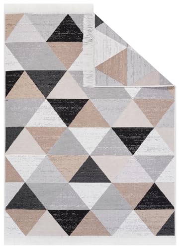 TAPISO Azteca Teppich Kurzflor Baumwolle Waschbar Beidseitig Anwendbar Beige Creme Grau Schwarz Dreiecke Wohnzimmer Schlafzimmer Fransenteppich ÖKOTEX 120 x 170 cm von TAPISO