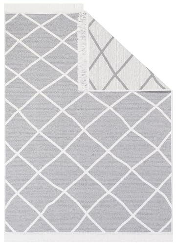 TAPISO Azteca Teppich Kurzflor mit Fransen Baumwolle Grau Creme Waschbar Beidseitig Anwendbar Modern Gittermuster Wohnzimmer Schlafzimmer Küche ÖKOTEX 80 x 300 cm von TAPISO
