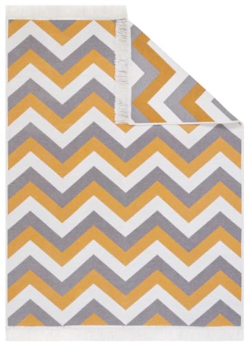 TAPISO Azteca Teppich Kurzflor mit Fransen Baumwolle Waschbar Beidseitig Anwendbar Creme Grau Orange Zig Zag Wohnzimmer Schlafzimmer Küche ÖKOTEX 60 x 110 cm von TAPISO