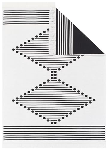 TAPISO Azteca Teppich Kurzflor mit Fransen Creme Schwarz Baumwolle Beidseitig Anwendbar Waschmaschinenfest Waschbar Wohnzimmer Schlafzimmer Küche ÖKOTEX 140 x 200 cm von TAPISO