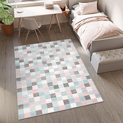 TAPISO Baby Teppich Jugendteppich Kurzflor Braun Rosa Creme Hellblau Mini-Quadrate Schachbrett Jugendzimmer Modern 200 x 300 cm von TAPISO