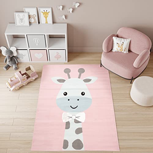 TAPISO Baby Teppich Kinderteppich Kurzflor Rosa Grau Blau Weiß Giraffe Kinderzimmer Modern 180 x 250 cm von TAPISO
