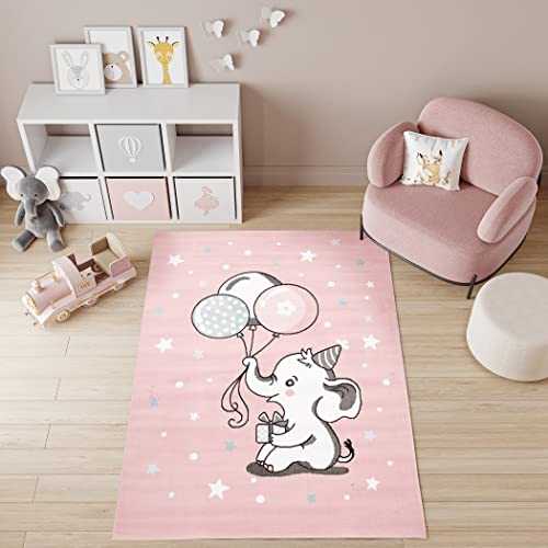 TAPISO Baby Teppich Kinderteppich Kurzflor Rosa Grau Blau Weiß Sterne Elefant Luftballons Geschenk Tropfen Modern 120 x 170 cm von TAPISO