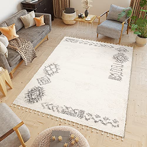 TAPISO Boho Fringes Teppich Hochflor Langflor Shaggy Fransenteppich Creme Grau Inkamuster Rahmen Ethno Modern ÖKOTEX 300 x 400 cm von TAPISO