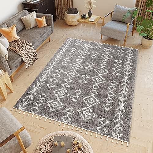 TAPISO Boho Fringes Teppich Hochflor Langflor Shaggy Fransenteppich Dunkelgrau Creme Inkamuster Ethno Modern ÖKOTEX 140 x 200 cm von TAPISO