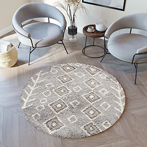 TAPISO Boho Rund Teppich Hochflor Langflor Shaggy Hellgrau Grau Beige Viereck Pfeile Ethno Schlafzimmer Wohnzimmer Modern ÖKOTEX 200 x 200 cm von TAPISO