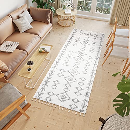 TAPISO Boho Teppich Läufer Kurzflor Shaggy Creme Grau Ethno Pfeile Muster Fransen Schlafzimmer Wohnzimmer Design Modern 100 x 160 cm von TAPISO