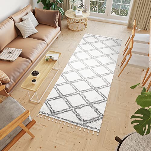TAPISO Boho Teppich Läufer Kurzflor Shaggy Creme Grau Karo Doppelt Streifen Fransen Schlafzimmer Wohnzimmer Design Modern 100 x 250 cm von TAPISO