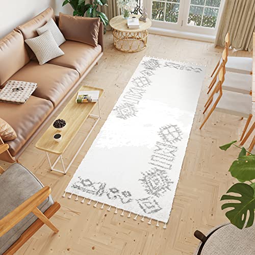 TAPISO Boho Teppich Läufer Kurzflor Shaggy Creme Grau Muster Ethno Fransen Schlafzimmer Wohnzimmer Design Modern 100 x 160 cm von TAPISO