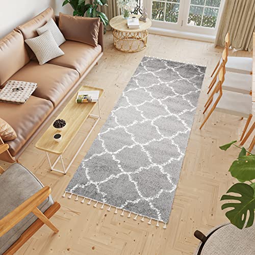 TAPISO Boho Teppich Läufer Kurzflor Shaggy Dunkelgrau Creme Gitter Marokko Fransen Schlafzimmer Wohnzimmer Design Modern 80 x 250 cm von TAPISO