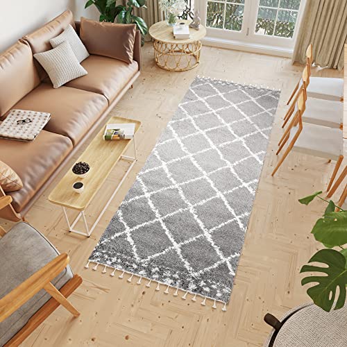 TAPISO Boho Teppich Läufer Kurzflor Shaggy Dunkelgrau Creme Karo Fransen Schlafzimmer Wohnzimmer Design Modern 100 x 150 cm von TAPISO