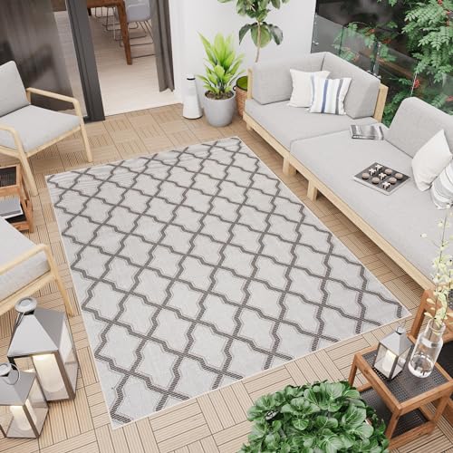 TAPISO Capri Outdoor Teppich Balkon Terrasse Küche Wohnzimmer Flachgewebe Grau Hellgrau Marokkanisch Kleeblatt Sisal Strapazierfähig Modern Design Indoor 80 x 150 cm von TAPISO