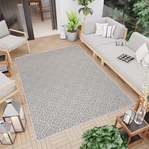 TAPISO Capri Outdoor Teppich Balkon Terrasse Küche Wohnzimmer Flachgewebe Schwarz Braun Rauten Meander Sisal Optik Strapazierfähig Modern Design Indoor 80 x 150 cm von TAPISO