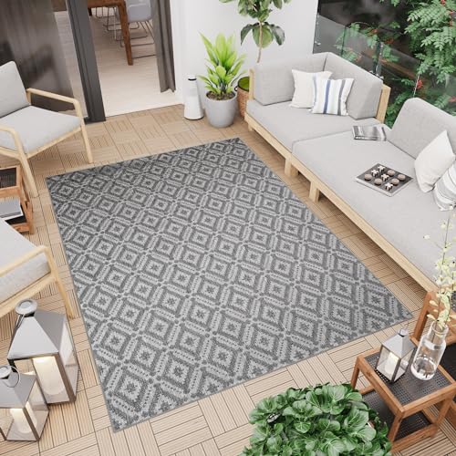 TAPISO Capri Teppich Outdoor Wohnzimmer Terrasse Küche Flachgewebe Grau Metallgrau Modern Geometrisch Gitter Karo Design Sisal Indoor 140 x 200 cm von TAPISO