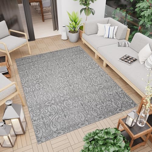 TAPISO Capri Teppich Outdoor Wohnzimmer Terrasse Küche Flachgewebe Grau Schwarz Metallgrau Vintage Floral Muster Modern Design Sisal Indoor 80 x 150 cm von TAPISO